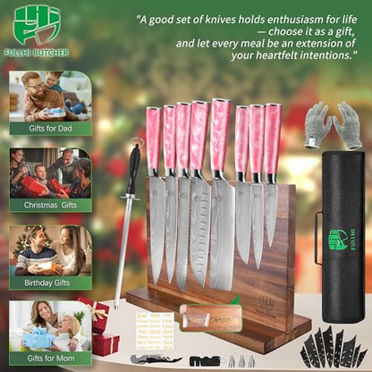 FULLHI 15pcs Japanese Knife Set with Magnetic Knife Block Holder, Stainless Steel Blades, Pink Resin Ergonomic Handles for Professional and Home Cooking - color: Pink, size: Magnetic Block Knife set