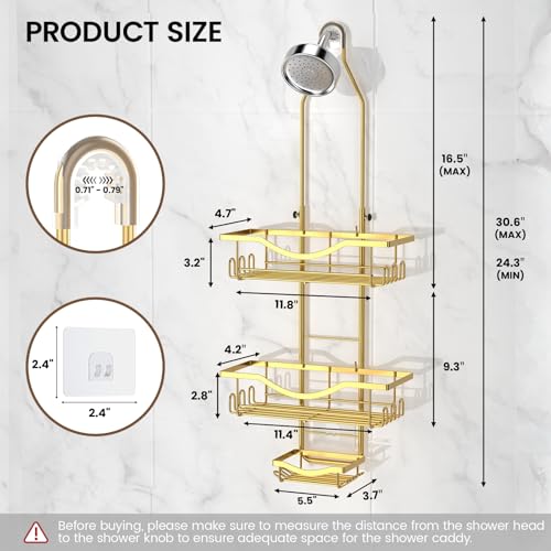 Shower Caddy Hanging Adjustable Shower Caddy, Rustproof Shower Organizer Extended Length Showers Caddy Over Shower Head with Hooks Soap Holder, Large Capacity Anti-Swing Bathroom Organizer, Gold - color: Gold