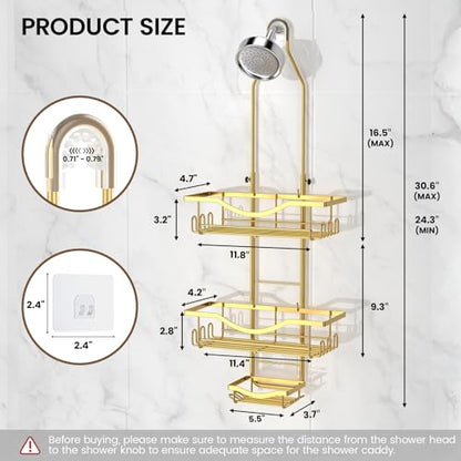 Shower Caddy Hanging Adjustable Shower Caddy, Rustproof Shower Organizer Extended Length Showers Caddy Over Shower Head with Hooks Soap Holder, Large Capacity Anti-Swing Bathroom Organizer, Gold - color: Gold