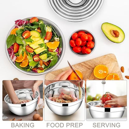 E-far Mixing Bowls with Lids Set, 7-Piece Stainless Steel Metal Mixing Bowls with Grater Attachments, Size 4.6, 3.5, 2.6, 2, 1.5, 1, 0.7QT, Nesting Design & Khaki Airtight Lids, For Cooking/Serving - color: Khaki, size: 7 Regular Sizes