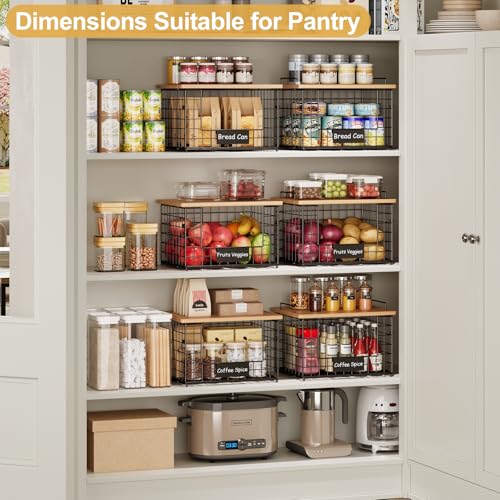 keomaisyto 2 Set XL Stackable Wire Baskets with Bamboo Top- Pantry Organizers and Storage, Kitchen Organization Counter Storage Bins for Potato/Onion/Fruit/Vegetable/Produce, Under Sink Organizing - size: XL-17.28x13.15x8.43