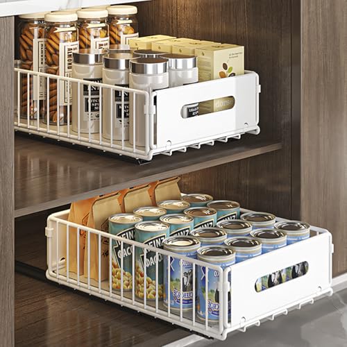 2 Pack Pull Out Cabinet Organizer, Heavy Duty Slide Out Drawer with No Drill Adhesive or Screw Mount, Carbon Steel Roll Out Shelf for Kitchen Cabinet, Pantry & Bathroom Storage - color: White-2PC, size: 14.8"D X 9.6"W X 3.9"H