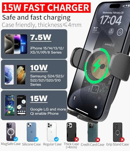 APPS2Car Cup Holder Phone Mount Wireless Car Charger, 15W Qi Fast Charging Car Mount, Adjustable Long Arm & 360° Rotation, Fits 3"–4" Round Cup Holders Compatible with All Smart Phones