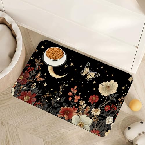Moon Butterfly Pet Feeding Mat,Vintage Garden Luxury Absorbent Quick-Dry Cat Dog Food and Water Bowl Mats,Non-Slip Rubber Backing Mat,Cat Dog Accessories Supplies 12"x20" - color: Moon Butterfly Vintage Garden, size: 12"×20"