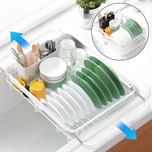 Kitsure Dish Drying Rack for Kitchen Counter, Stainless Steel Sink Organization and Storage Essentials with Cutlery Holder, Home and Appartment Decor, 12.2''W x 15.7''~23''L, White - color: White, size: 12.2''W x 15.7''~23''L - 1 Tier