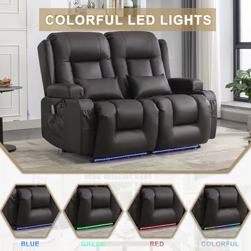 URRED Power Loveseat Recliner Sofa with Massage and Heat, Wall Hugger Reclining Loveseat, RV Couch Home Theater Seating with LED Lights for Living Room (Dark Brown, 54" - 2 Seats) - color: Dark Brown, size: 54" - 2 Seats