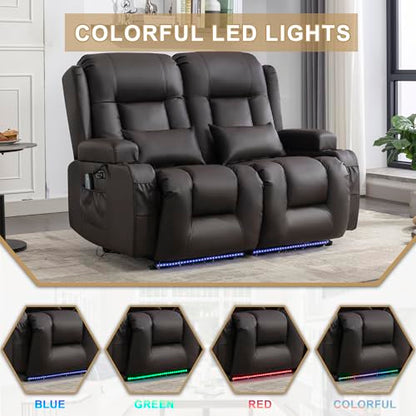 URRED Power Loveseat Recliner Sofa with Massage and Heat, Wall Hugger Reclining Loveseat, RV Couch Home Theater Seating with LED Lights for Living Room (Dark Brown, 54" - 2 Seats) - color: Dark Brown, size: 54" - 2 Seats