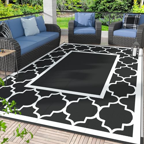 GENIMO 8 ' x 10 ' Outdoor Rug for Patio Clearance, Waterproof Indoor Outdoor Plastic Straw Rugs Carpet, Reversible Outside Area Rv Mat for Camping, Balcony Porch, Deck, Picnic, Beach (Black & White) - color: Black&white, size: 8' x 10' (Rectangular)