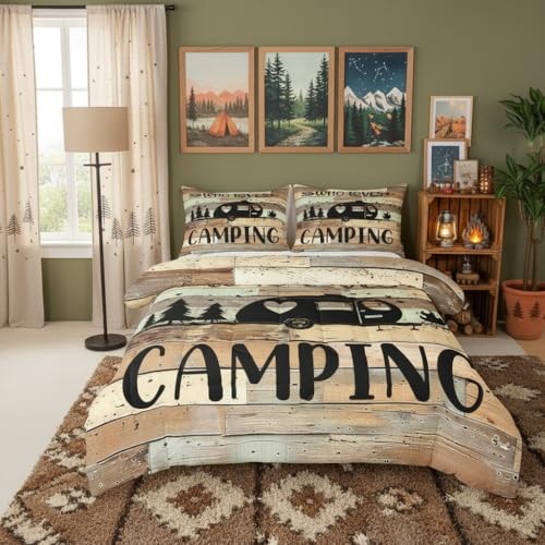 Boys Happy Camping Twin Size Comforter Set Western Farm Vintage Brown Kids Bedding Set for Girls Teens Adults Camper Comforter Camping Car Decor Quilt Set Bedroom Collection 2Pcs - color: Multi 04, size: Twin