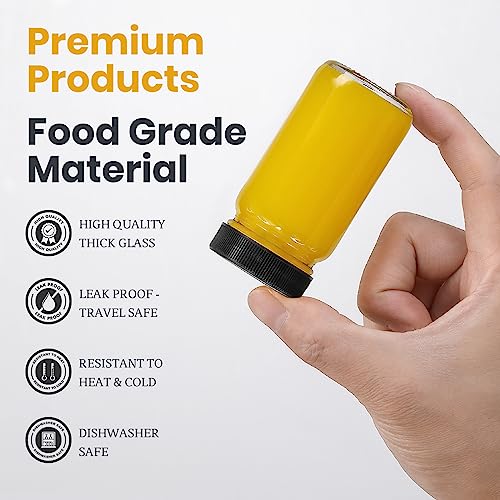 25 Pack 2 oz Glass Shot Bottles w/ Black Lids & 25 Labels - Small Clear Jar for Ginger, Wellness Shot, Juice, Sample, Whiskey - Travel Essentials Mini Bottles - Wide Mouth, Leakproof, Dishwasher Safe - color: Black Lid, size: 25 Pack