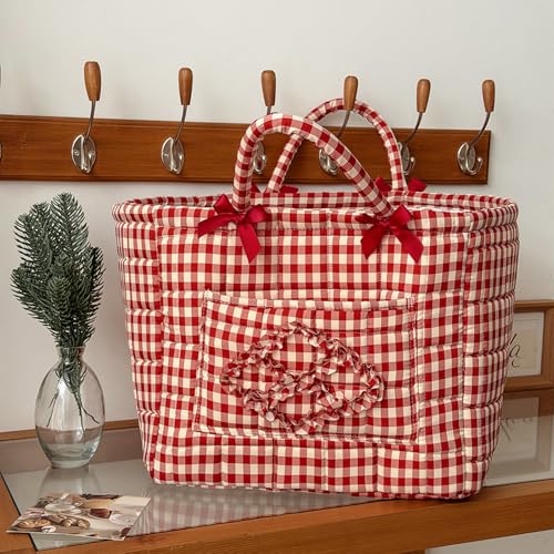 Storage Basket Boho Fabric Large Collapsible Floral Laundry Nursery Hamper Portable Folding Storage for Clothes Toys (Red Plaid) - color: Red Plaid