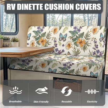 Butterfly Hibiscus Ferns Print 3 Pcs RV Dinette Cushion Covers with Pillowcase Non-Slip Sofa Protector Comfortable 2 Seat Sofa Chair Cover Slipover for Travel Trailer Couch - color: Butterfly Hibiscus Ferns