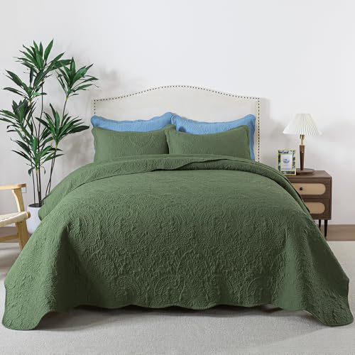 HoneiLife Queen Size Quilt Sets - Embroidered Bedspreads 3-Piece, Reversible Coverlet Lightweight Bedcover Rustic Bedding Set Autumu/Winter Quilts for Queen Bed - color: Olive, size: Queen/Full-90"x96"