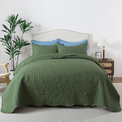 HoneiLife Queen Size Quilt Sets - Embroidered Bedspreads 3-Piece, Reversible Coverlet Lightweight Bedcover Rustic Bedding Set Autumu/Winter Quilts for Queen Bed - color: Olive, size: Queen/Full-90"x96"