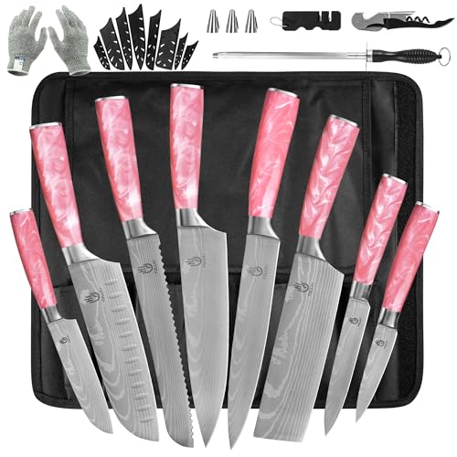 FULLHI 15pcs Japanese Knife Set with Magnetic Knife Block Holder, Japan Stainless Steel Blades, Ergonomic Handles for Professional and Home Cooking (Pink, Knife set) - color: Pink, size: 14 Piece Knife Set