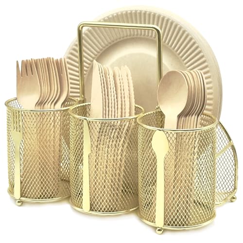 DysanVica Utensil Caddy Silverware Holder - 4 Compartment Metal Mesh Cutlery Fork Spoon Napkin Plate Organizer Flatware Storage Basket Party Kitchen Countertop Buffet Picnic Camping Outdoor BBQ Gold - color: Gold