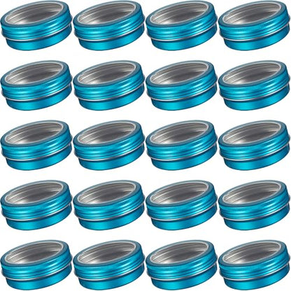 2 oz (60ml) Aqua Blue Aluminum Tins with Clear Lids and Labels, 24 Pack | Clear View Lid, Secure Packaging, Tight Screw Lids, Includes Blank Labels, 11 Color Options - color: Aqua Blue