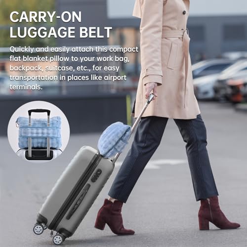 Travel Blanket and Pillow-2-in-1, Ultra-Soft&Compact, One-Piece Airplane Blanket with Hand Luggage Belt and Backpack Clip,Travelers Accessories Gifts, 61x43 Inches (Blue) - color: Blue
