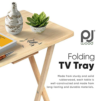PJ Wood Rectangle Folding Portable TV Snack Serving Tray Table, Solid Wood Construction with Natural Finish, Natural, 2 Piece Set - color: Natural, size: 2-Piece Set