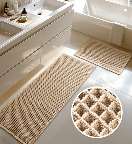 Furicher Large Waffle Bath Mat Set, Non Slip Bath Rug Set, Ultra Absorbent Bath Mats for Bathroom Decor, Extra Soft Floor Kitchen Rugs Sets 2 Piece, Washable Bath Runner Rug, Brown, 20"×47" & 16"×24" - color: Brown