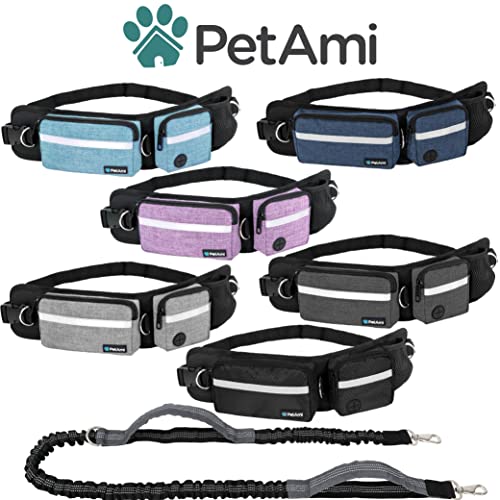 PetAmi Hands Free Dog Leash, Dog Running Leash Belt Bag for Walking, Jogging, Dog Waist Double Zipper Pouch with Poop Bag Dispenser, Dual Padded Handles Reflective Bungee Leash, Single (Black) - color: Black, size: 1 Leash