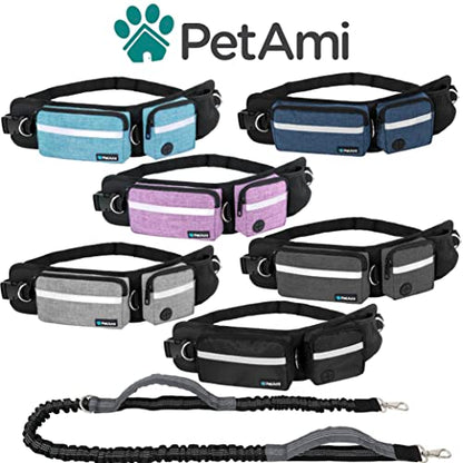 PetAmi Hands Free Dog Leash, Dog Running Leash Belt Bag for Walking, Jogging, Dog Waist Double Zipper Pouch with Poop Bag Dispenser, Dual Padded Handles Reflective Bungee Leash, Single (Black) - color: Black, size: 1 Leash