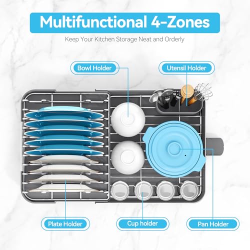 Urackify Dish Drying Rack - Dish Drainer for Kitchen Counter, Stainless Steel Dish Rack with Swivel Draining Spout & Drain Board, Expandable Space-Saving Kitchen Dish Organizer for 3-4 People, Grey - color: Gray