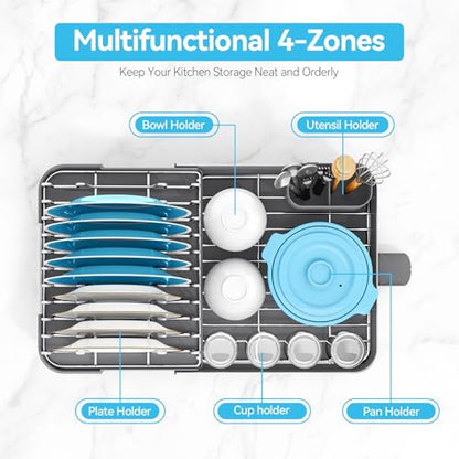 Urackify Dish Drying Rack - Dish Drainer for Kitchen Counter, Stainless Steel Dish Rack with Swivel Draining Spout & Drain Board, Expandable Space-Saving Kitchen Dish Organizer for 3-4 People, Grey - color: Gray