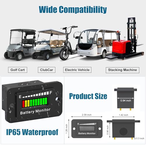 Battery Monitor 12V 24V 36V 48V 60V 72V Golf Cart Battery Meter LED Display Fuel Gauge Indicator Waterproof Tester for Club Car Stacking Machine Motorcycle