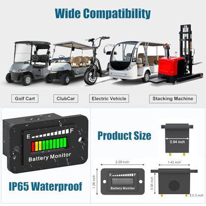Battery Monitor 12V 24V 36V 48V 60V 72V Golf Cart Battery Meter LED Display Fuel Gauge Indicator Waterproof Tester for Club Car Stacking Machine Motorcycle