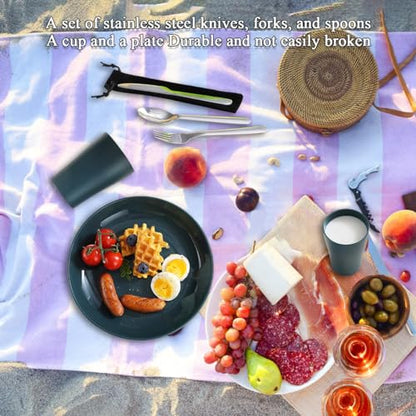 Evanda Camping Cutlery Set, Reusable Light Weight Mug, Plate and Stainless Steel Cutlery Set with Black Bag, Dishwasher Safe - color: 1.1 Person