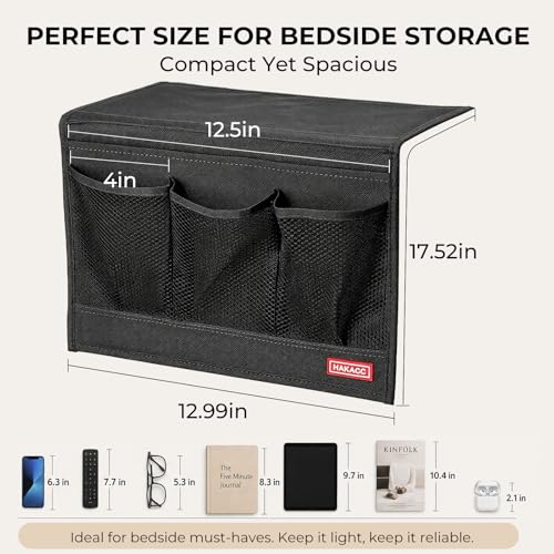 HAKACC Bedside Caddy, Remote Holder for Bed, Storage Organizer with Pockets for Bed, Sofa, Phones, Magazines, Tablets and Accessories, Black