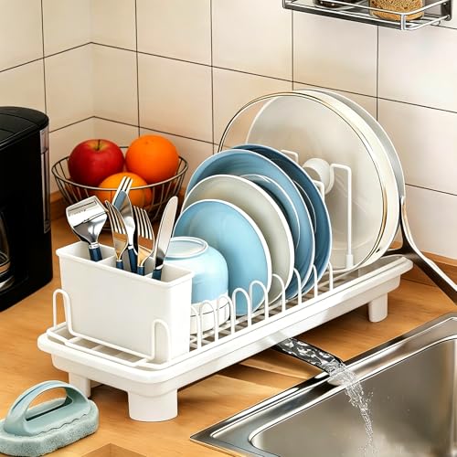 Compact Dish Drying Rack for Countertop, Small-Sized for Dorms, RVs & Tiny Kitchens, Auto-Drain, Adjustable Slots, Rust-Resistant with Utensil Caddy & Sponge Holder (White) - color: White