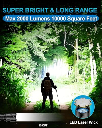 Flashlight 2000 High Lumens, Rechargeable Zoomable LED Tactical Flashlight with Ignition Lens, Emergency Flashlight for Camping Home Security, 5 Modes Waterproof Handheld Flashlights - color: Black