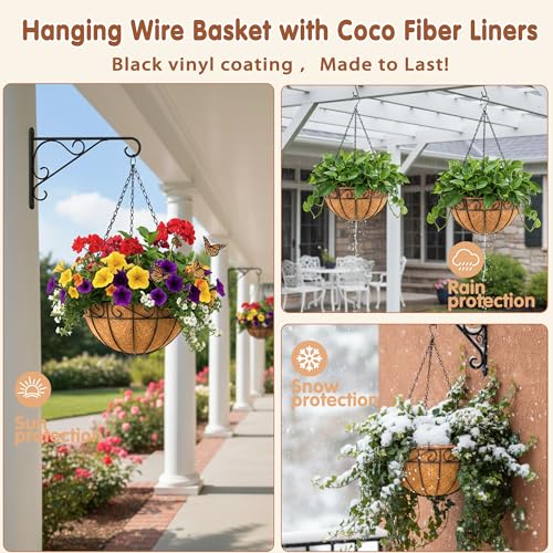 14 inch Metal Hanging Baskets For Plants Outdoor 4 Pack Round Metal Wire Hanging Basket Planter with Coco Fiber Liners Chain Round Wire Plant Holder for Garden, Patio, Deck, Porch Plants Flower Potss - size: 14 Inch, style: Flower Border