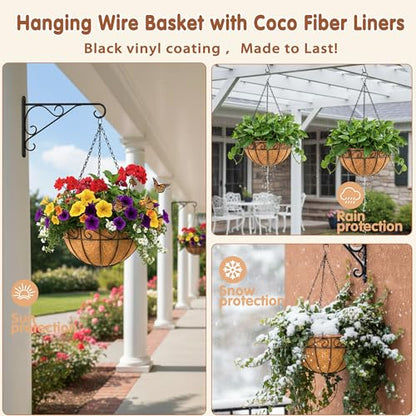 14 inch Metal Hanging Baskets For Plants Outdoor 4 Pack Round Metal Wire Hanging Basket Planter with Coco Fiber Liners Chain Round Wire Plant Holder for Garden, Patio, Deck, Porch Plants Flower Potss - size: 14 Inch, style: Flower Border