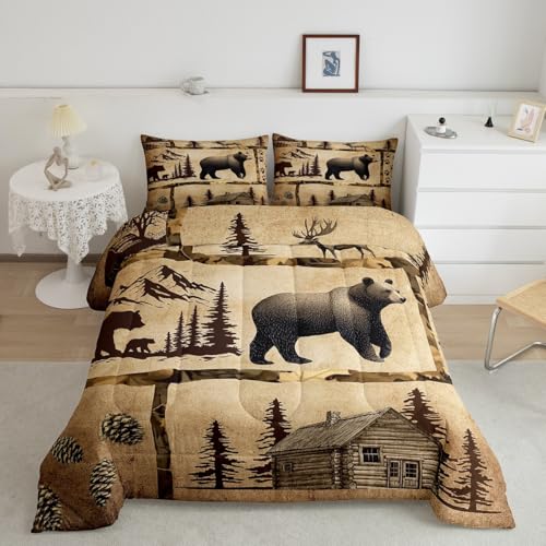 Feelyou Lodge Cabin Comforter Set Full Size Gray Bear Pine Tree Silhouette Pattern Quilted Duvet with 2 Pillowcases+1 Wild Animal Western Jungle Style Bedding for Teens Adults 3 Pcs - color: Black With Brown, size: Full