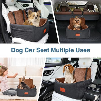 WOOAIDAGG Dog Car Seat for Small Dogs Under 30lbs,Ultra Soft Fabric & Memory Foam Pet Travel Car Bed,Washable & Detachable,Anti-Slip Bottom,2 Storage Pockets and Safety Tethers(Black/Brown) - color: Black/Brown