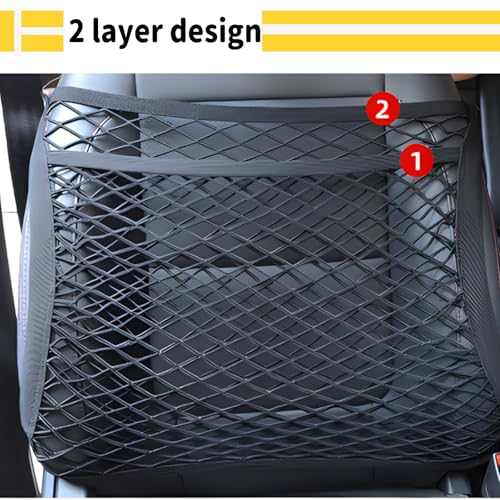 Car Seat Net Passenger Seat Caddy, Double Layer Front Seat Versatile Elastic Organizer Net Purse Holder Most Sizes Shapes Universal for GMC Ford Toyota No Removal Required, 19.69" x 15.75"