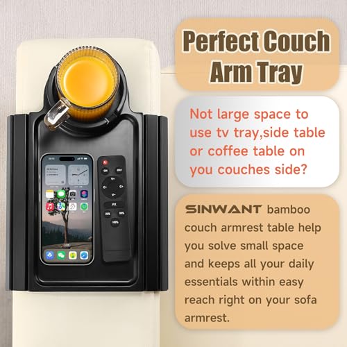 SINWANT Couch Cup Holder Tray,Foldable Sofa Arm Clip on Tray Table with 360° Rotation Cup Holder,Bamboo Anti-Slip Couch Armrest Table for Coffee Cup,Water Bottles,Mug,Snacks,Remote on Large Armrest - color: Black