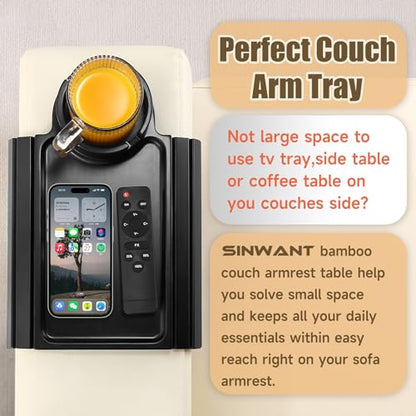 SINWANT Couch Cup Holder Tray,Foldable Sofa Arm Clip on Tray Table with 360° Rotation Cup Holder,Bamboo Anti-Slip Couch Armrest Table for Coffee Cup,Water Bottles,Mug,Snacks,Remote on Large Armrest - color: Black
