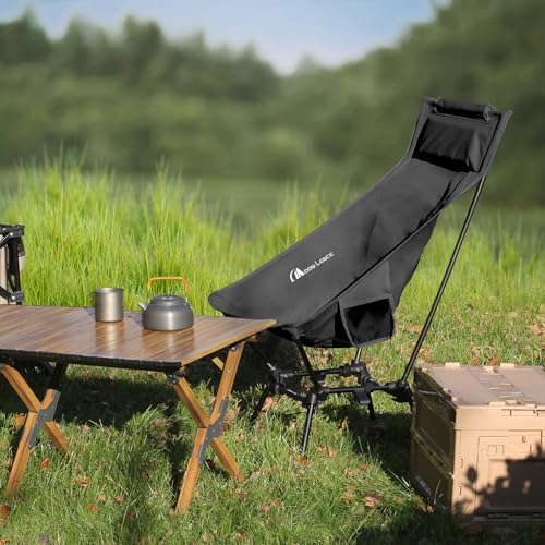 MOON LENCE Folding Portable High Back Camping Chairs for Adults, Adjustable Oversize Lightweight for Beach Hunting Hiking Backpacking (Black)