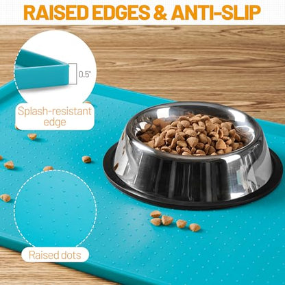 Hubulk Dog Feeding Mat,100% Waterproof BPA Free Silicone Pet Food and Water Bowl Placemat,Dishwasher, High Raised Edge to Prevent Spills,Nonslip Tray to Stop Messes on Floor (19"x12"x0.5", Teal) - color: Green(Teal), size: 19"l X 12"w