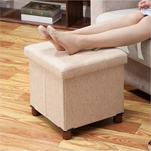 15 Inch Storage Ottoman with Wooden Legs - Cube Foot Rest Stool, Square Footstool, Comfortable Seat with Lid, Foldable Fabric Ottoman, Space-Saving Beige - color: Squ Beige