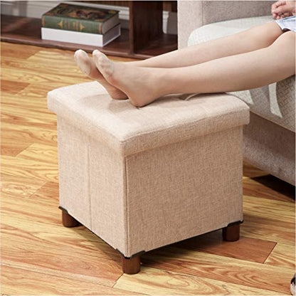 15 Inch Storage Ottoman with Wooden Legs - Cube Foot Rest Stool, Square Footstool, Comfortable Seat with Lid, Foldable Fabric Ottoman, Space-Saving Beige - color: Squ Beige
