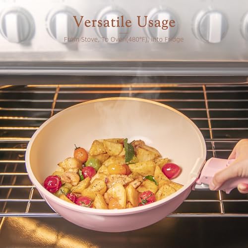 Astercook 23 Pcs Pots and Pans Set Non Stick, Ceramic Cookware Set Detachable Handle, RV Kitchen Cooking Set Removable Handles, Oven Safe, Induction Ready, Stackable, Pink, Mothers Day Gifts - color: Pink, size: 23 Piece