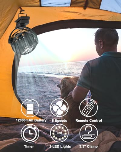 Clip On Fan 8 Inch, 12000mah Rechargeable Battery Powered Portable Fans With Remote Control, Lights, 5 Speeds, Timer, Strong Clamp USB Clip Fan for Bed, Stroller, Desk, Golf Cart, Tent, Treadmill - size: 8 Inch
