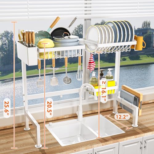 YKLSLH Over Sink Dish Rack - Extensible Large Drying Rack, Suitable for Most Sinks (26.57"-35"), Adjustable Metal Rack, Space Saving, White - color: White, size: 2 tiers 3 baskets