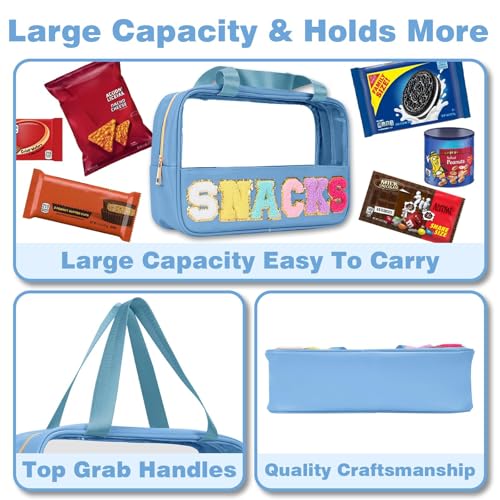 Snack Bags Chenille Letter Patch Clear Bag Snacks Bag for Travel, Preppy Cosmetic Bag Snacks Pouch with Zipper, Toiletry Bag for Traveling women, Clear Travel Bags for Toiletries (Blue-Snack) - color: Blue-Snack