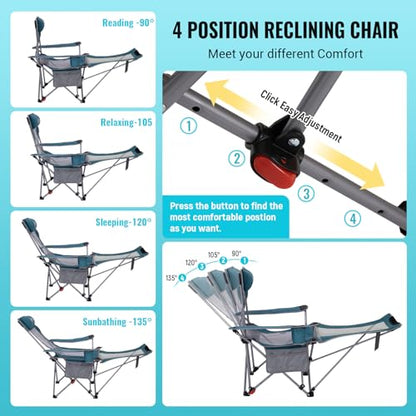 #WEJOY 2-in-1 Reclining Camping Chair with Footrest for Adults Folding Lounge Chair with Adjustable Backrest Lightweight Camping Chairs Heavy Duty Camp Chairs for Outdoor - color: Cyan/Grey